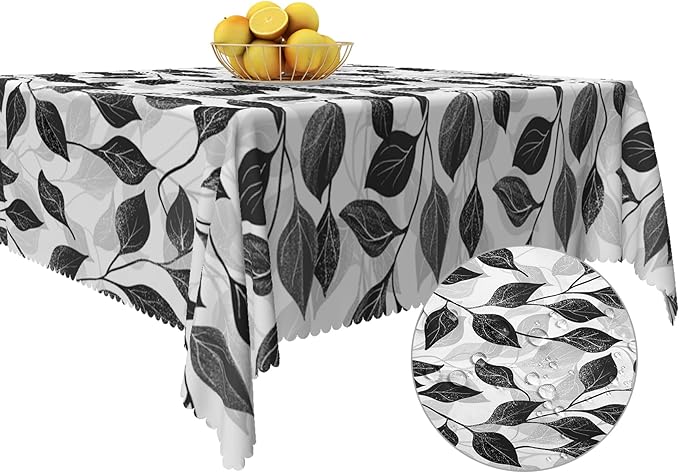 Black and White Leaves Tablecloth 60x60 Inch Square Floral Plants Farmhouse Table Cloth Kitchen Table Decorations for Home Dinner Party Waterproof Polyester Washable Tables Cover Oilproof