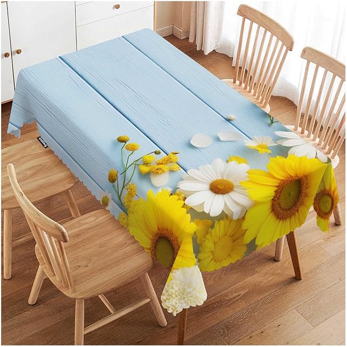 Swono Daisy Rectangular Tablecloth Garden Blossom Daisy Sunflowers Blue Wooden Washable Table Cloth Kitchen Dining Room Table Cover for Party Dinner 50x72 Inch Tablecloths