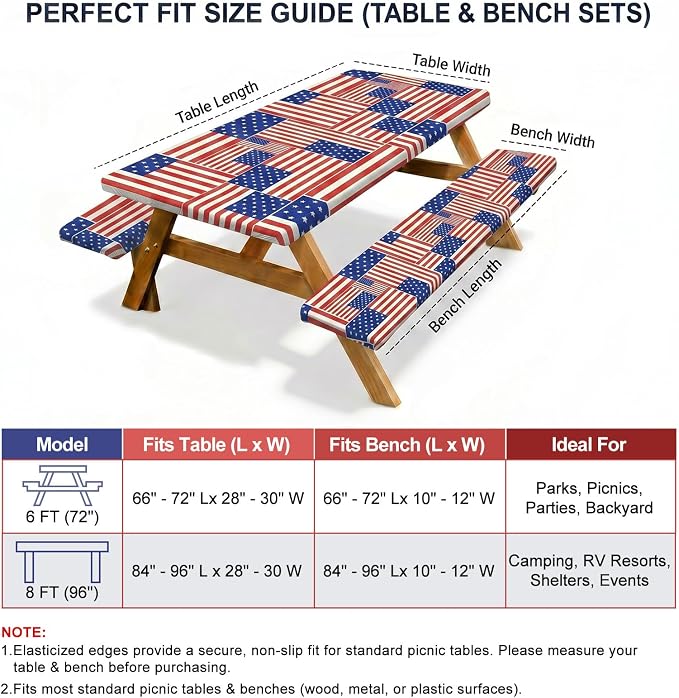 Picnic Table Cover with Bench Covers Windproof Waterproof Picnic Table Covers Camping Tablecloth with Self-Storage Bag, 72in, Multi Flag Patchwork