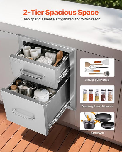 VEVOR Outdoor Kitchen Drawers 13" W x 20.5" H x 21" D, Flush Mount Double BBQ Access Drawers with Stainless Steel Handle, BBQ Island for Outdoor Kitchens or Patio Grill Station