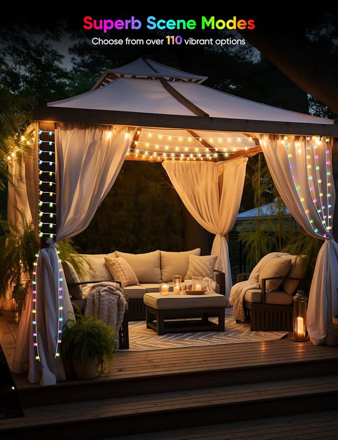 Smart Outdoor String Lights 76FT with 200 LEDs, IP65 Waterproof Patio Lights, 110+ Scene Modes Christmas Lights for Porch Garden Yard Party Holiday Everyday Decor, Works with Alexa, Google Assistant