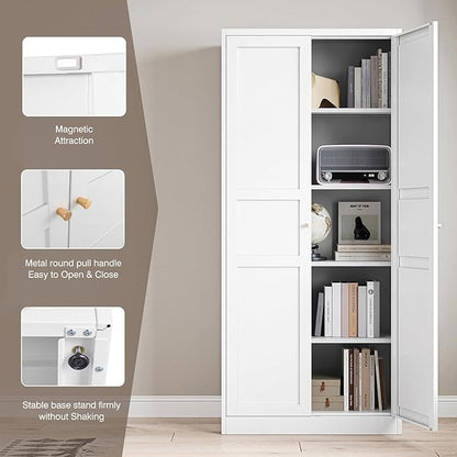Yizosh Metal Storage Cabinet - 71" White Kitchen Pantry with 2 Doors and 5 Adjustable Shelves, 5-Tier Tall Steel Locker for Living Room, Dining Room