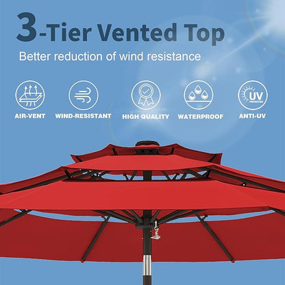 PatioKingdom 9ft 3-Tier Patio Market Umbrella with Crank/Tilt, Commercial Heavy Duty Wind Proof,Outdoor Table Umbrella with 8 Fiberglass Ribs,UPF50+ for Deck,Pool,Garden,Backyard (Red)