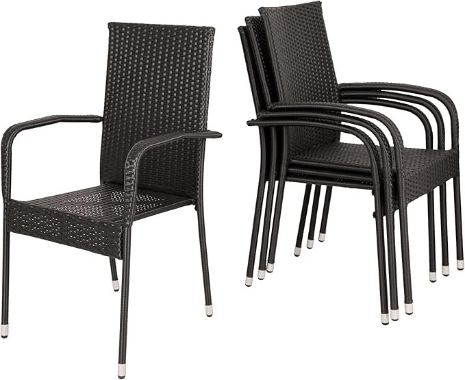 Patio Sense Morgan Outdoor Wicker Chair | Set of 4 | Black | Steel Powder Coated Frame | No Assembly | Lightweight and Portable | Zero Maintenance | For Indoors, Porch, Backyard, Lawn, Garden, Balcony