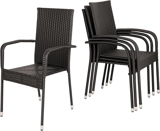Patio Sense Morgan Outdoor Wicker Chair | Set of 4 | Black | Steel Powder Coated Frame | No Assembly | Lightweight and Portable | Zero Maintenance | For Indoors, Porch, Backyard, Lawn, Garden, Balcony