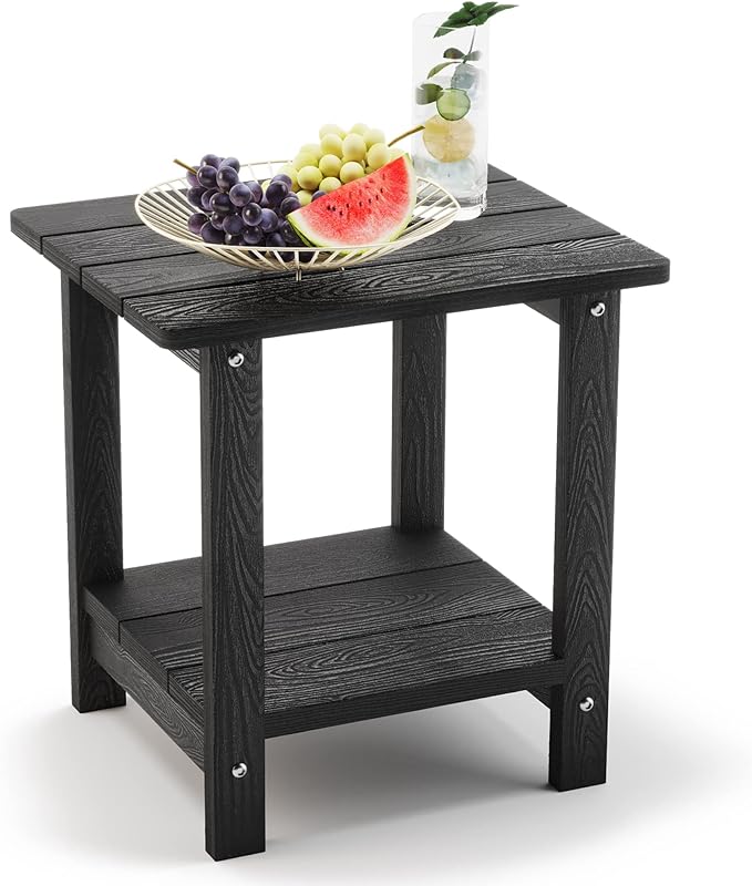 LUE BONA Outdoor Side Table, 2-Tier HDPS Small Patio Table, Black | 2-Tier Shelf for Extra Storage, Small End Table for Pool, Porch, Balcony, Weather Resistant HDPS, Easy Clean