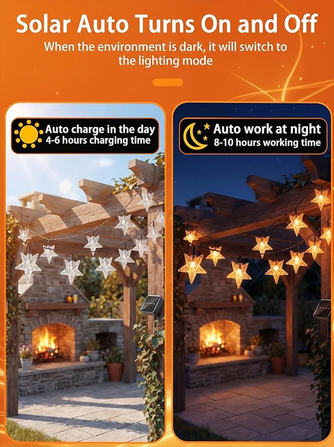 Solar Twinkle Star String Lights Outdoor Indoor Waterproof 39FT 100 LED Solar Powered Fairy Lights with 8 Lighting Modes Thanksgiving Decor for Camping Tree Party Yard Wedding Garden Orange