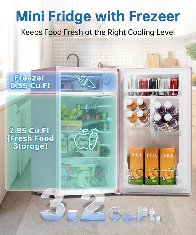 3.2 Cu Ft Mini Fridge with Freezer - Energy Efficient, Large Capacity Single Door Upright Freezer for Bedroom, Office & Dorm | Small Fridge, Reversible Door, ETL Certified(Pink)
