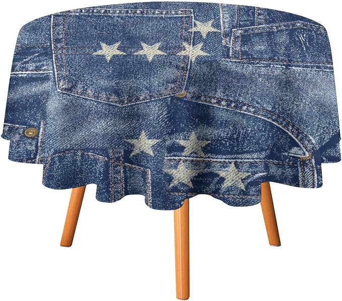 Denim Patchwork Style Round Tablecloth, Fashionable Blue Denim Jean Pocket Design Water Resistant Wipeable Table Cover for Farmhouse Picnic Party Holiday Kitchen Dinner Table 60"