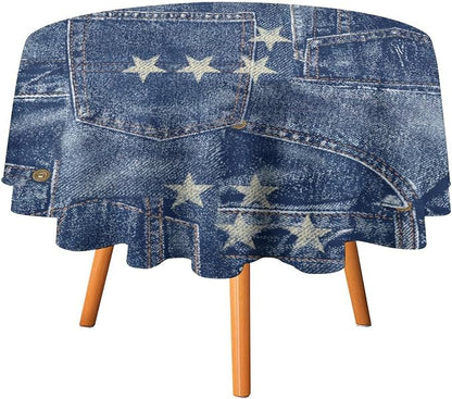 Denim Patchwork Style Round Tablecloth, Fashionable Blue Denim Jean Pocket Design Water Resistant Wipeable Table Cover for Farmhouse Picnic Party Holiday Kitchen Dinner Table 60"