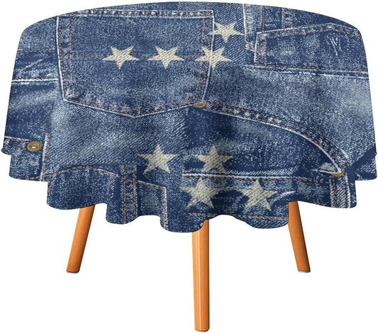 Denim Patchwork Style Round Tablecloth, Fashionable Blue Denim Jean Pocket Design Water Resistant Wipeable Table Cover for Farmhouse Picnic Party Holiday Kitchen Dinner Table 60"