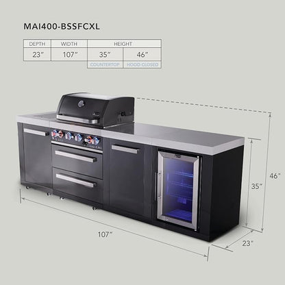 Mont Alpi 107"W x 23"D x 46"H Black Stainless Steel Outdoor Kitchen Island with Refrigerator + 32"W 4-Burner BBQ Grill + Granite Countertops + Storage Cabinets + Chopping Board + Rotisserie + Cover