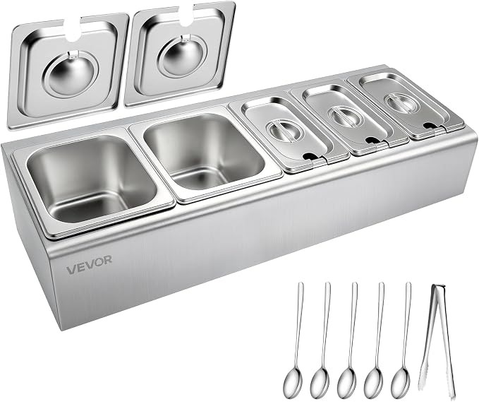 VEVOR Countertop Food Serving Display Container, Stainless Steel Food Salad Server Tray, Buffet Condiment Dispenser, Ice Cooled Rack with Separate Lid, for Restaurant Hotel Kitchen (2x1/6+3x1/9 Pan)
