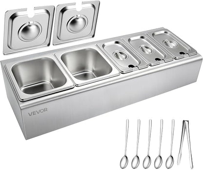 VEVOR Countertop Food Serving Display Container, Stainless Steel Food Salad Server Tray, Buffet Condiment Dispenser, Ice Cooled Rack with Separate Lid, for Restaurant Hotel Kitchen (2x1/6+3x1/9 Pan)