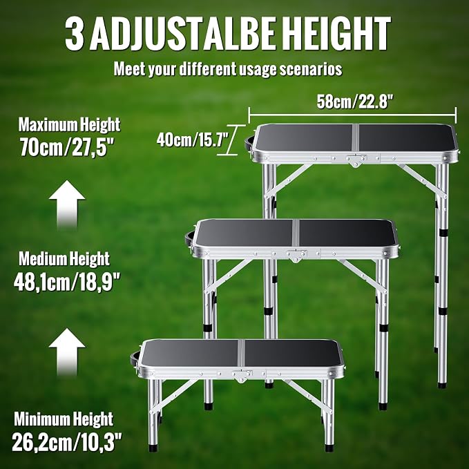 GARLLEN 2ft Folding Camping Table Max Capacity 66lbs, 3-Height Adjustable Picnic Table with MDF Tabletop, Lightweight Aluminum Folding Outdoor Tables for Grill, Travel, Picnic, 22.8" L x 15.7" W