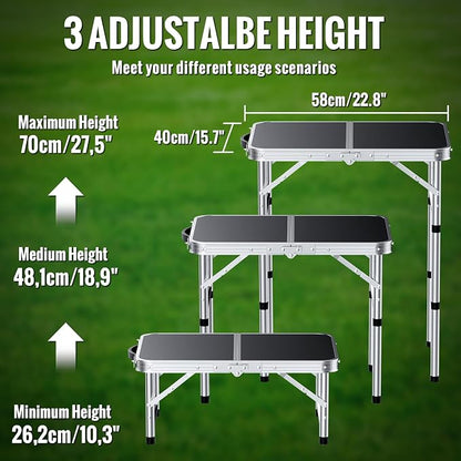 GARLLEN 2ft Folding Camping Table Max Capacity 66lbs, 3-Height Adjustable Picnic Table with MDF Tabletop, Lightweight Aluminum Folding Outdoor Tables for Grill, Travel, Picnic, 22.8" L x 15.7" W