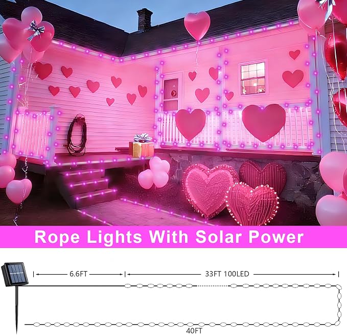 QITONG Pink Solar Rope Lights Outdoor, 2 Pack Each 33ft 100 LED String Light, 8 Modes Fairy Lights in Clear Thin Tube with 8 Modes