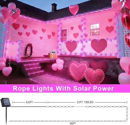 QITONG Pink Solar Rope Lights Outdoor, 2 Pack Each 33ft 100 LED String Light, 8 Modes Fairy Lights in Clear Thin Tube with 8 Modes