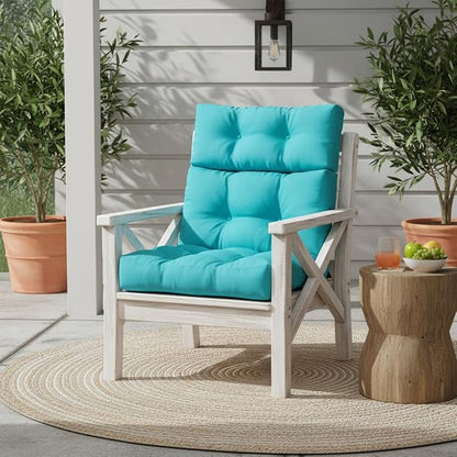 Outdoor Tufted High-Back Chair Cushions, One-Piece Hinged Seat and Back Design, Reversible with 4 Ties, Durable Polyester Fabric, Recycled Fiber Fill - Single, Teal