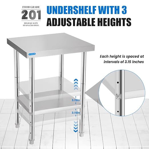 KUARBARR Stainless Steel Table for Prep & Work with Undershelf 24 x 24 Inches NSF Metal Commercial Kitchen Prep Table with Adjustable Under Shelf Worktable for Restaurant Home Outdoor