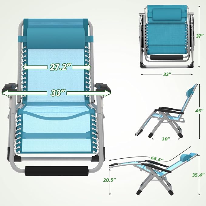 ZENPETIO Oversized Zero Gravity Chair, 33In XXL 500LBS with Cushion | Anti Gravity Recliner Lounge Chair with Aluminum Alloy Lock & Footrest, 90-170° Adjustable, for Lawn Patio Indoor Outdoor