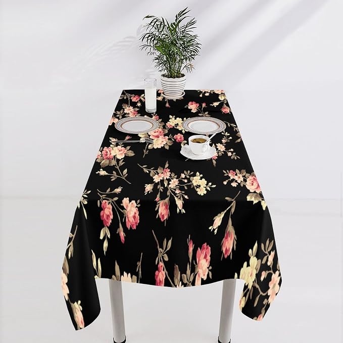 Vintage Flower Tablecloth, Black Pink Garden Florals Rustic Roses Boho Botanical Plant Water Resistant Wipeable Table Cover for Picnic Party Holiday Kitchen Dinner Table 60"x90"