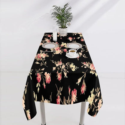 Vintage Flower Tablecloth, Black Pink Garden Florals Rustic Roses Boho Botanical Plant Water Resistant Wipeable Table Cover for Picnic Party Holiday Kitchen Dinner Table 55"x75"