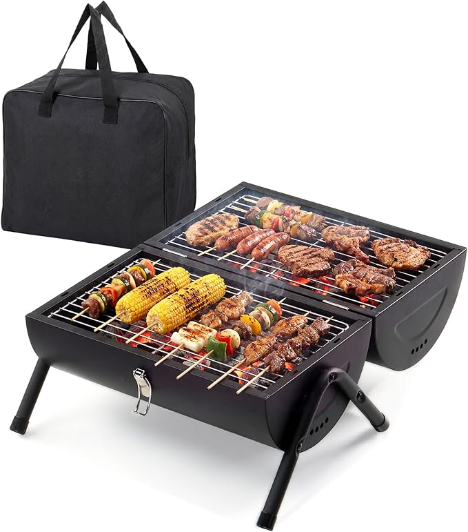 Portable 2-in-1 Double Sided Charcoal Grill, Heavy Duty Metal Tabletop BBQ with Thermometer, Wooden Handle, Food Tray & Rack, Storage Bag Included for Camping Patio Picnic Travel, Easy Assembly
