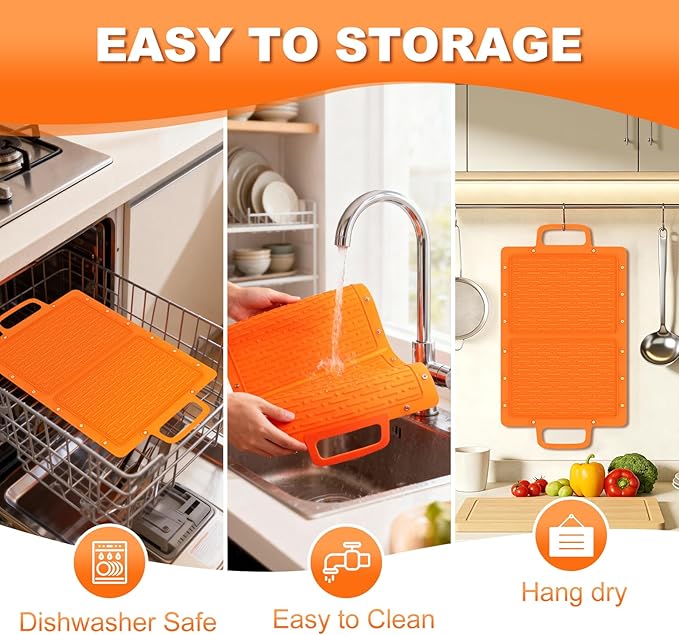 Portable Silicone Grill Mat, Heat Resistant Grill Side Shelf Mats for Food, Foldable Griddle Tools Mat with Drip Pad & Snap Buttons, Non Slip Griddle Accessories Storage Bag for Outdoor Cooking