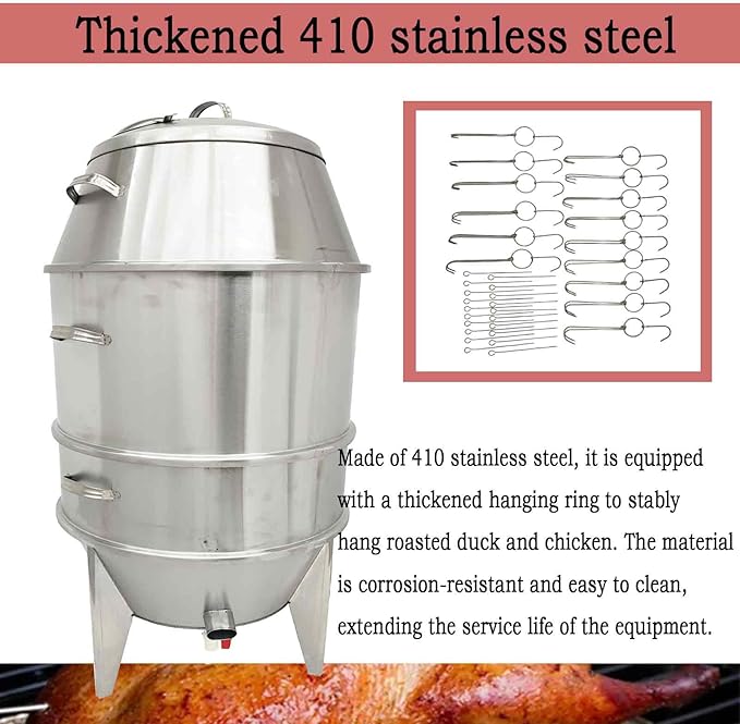 Commercial 410 Stainless Steel Charcoal Roast Duck Oven, 23.6x23.6x53 Inch BBQ Roaster with 15 Hooks & 20 Tail Pins, Multifunctional Grill for Chicken, Fish, Outdoor Picnic