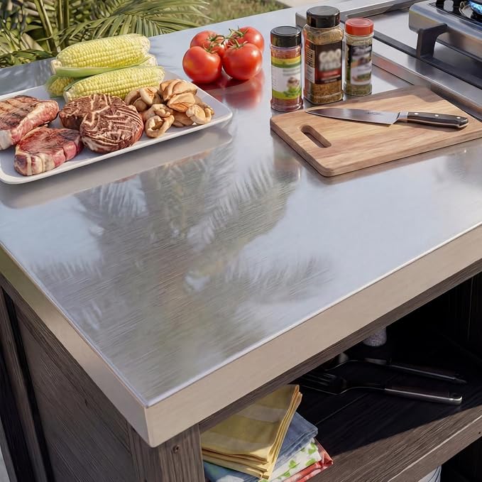 MOUMON Patio Grill Prep Table with Propane Tank Storage, Solid Cedar Patio Cabinet with Stainless Steel Top, Outdoor Cooking Station, Propane not Included, Dark Grey 51.2”W x 23.6”D x 27.6”H