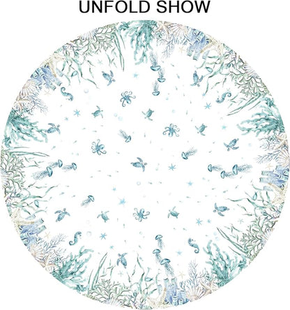 Summer Sea Turtle Jellyfish Table Cloth Round Blue Ocean Theme Nautical Coastal Tablecloth 60 Inch Decor Washable Stain and Wrinkle Resistant Round Table Cover for Dining Party Picnic