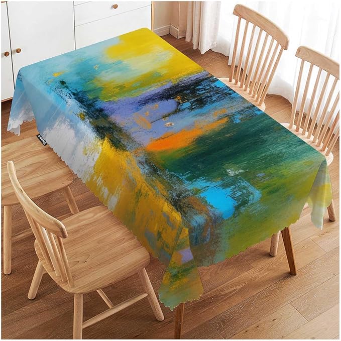 Swono Abstract Painting Table Cloth Sun Ball Yellow Turquoise Rectangle Tablecloth Picnic Table Cover BBQ Table Cloths Polyester for Kitchen Parties Patio and Camping 50x72 Inch