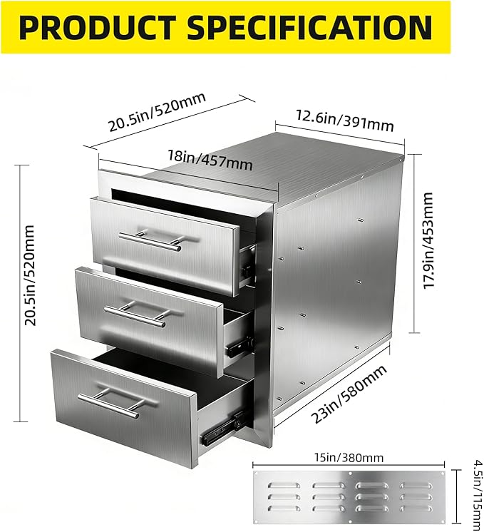 Outdoor Kitchen Drawers 18" W x 20.5" H x 20.5" D Stainless Steel Flush Mount Modular Cabinet, with Chrome Handle for Outdoor Kitchens or BBQ Island Patio Grill Station