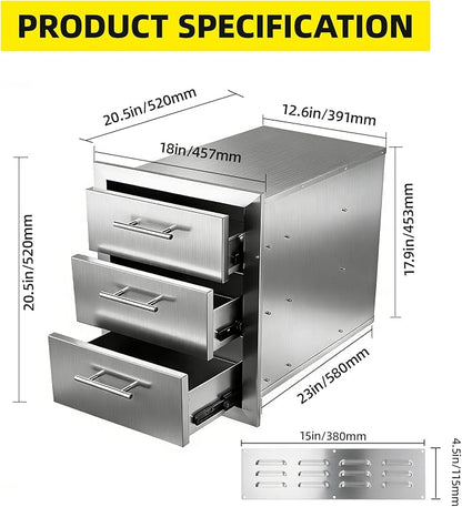 Outdoor Kitchen Drawers 18" W x 20.5" H x 20.5" D Stainless Steel Flush Mount Modular Cabinet, with Chrome Handle for Outdoor Kitchens or BBQ Island Patio Grill Station