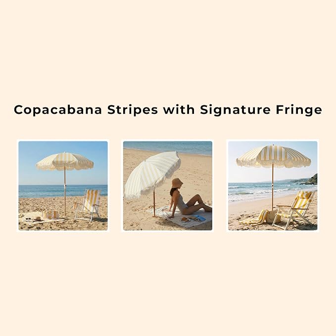 6FT Striped Fringe Beach Umbrella, Sand Anchor, UPF 50+ Sun Shade | Adjustable Tilt & Portable Design, Coastal Umbrella for Beach & Patio, Heritage Mimosa Stripe