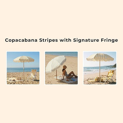 6FT Striped Fringe Beach Umbrella, Sand Anchor, UPF 50+ Sun Shade | Adjustable Tilt & Portable Design, Coastal Umbrella for Beach & Patio, Heritage Mimosa Stripe