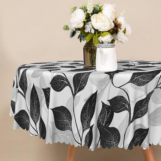 Black and White Leaves Round Tablecloth 60 Inch Floral Plants Farmhouse Table Cloth Kitchen Table Decorations for Home Dinner Party Waterproof Polyester Washable Circle Tables Cover Oilproof