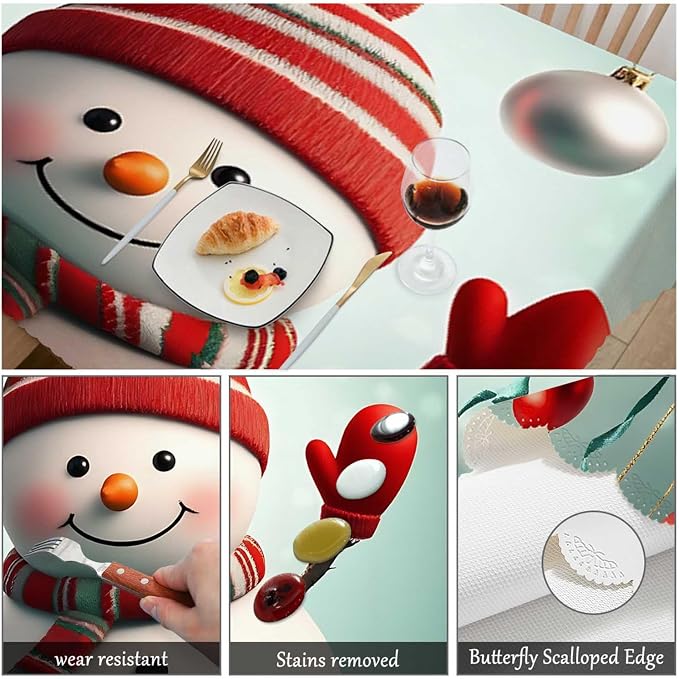 Swono Snowman Rectangular Tablecloth Christmas Snowman Glass Ball Colorful Washable Table Cloth Kitchen Dining Room Table Cover for Party Dinner 50x72 Inch Tablecloths