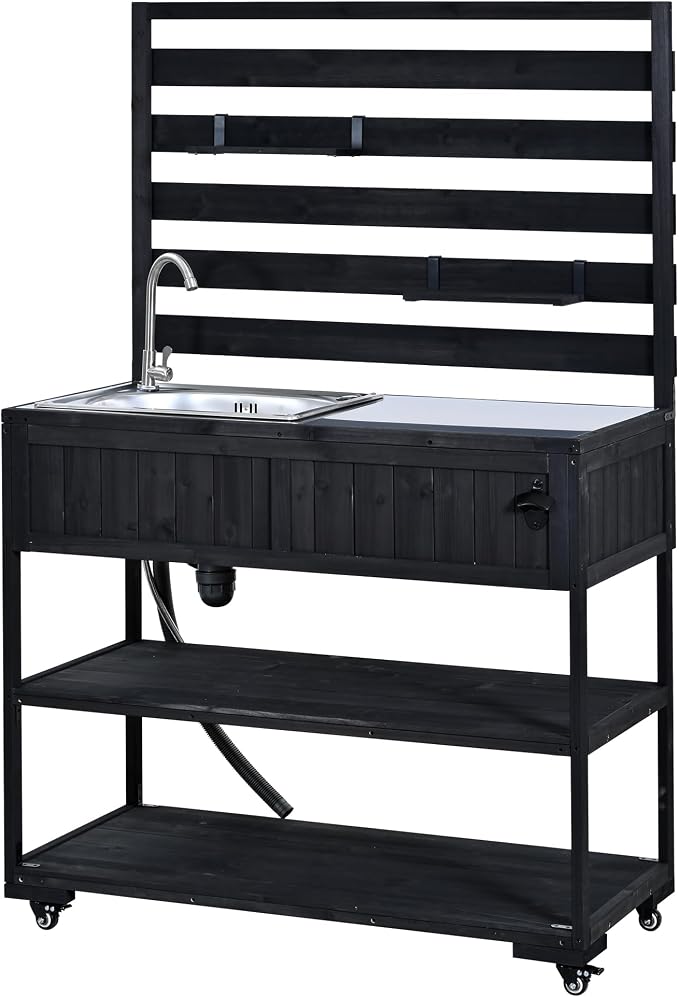 Patio Rolling Kitchen Island with Sink, 41.7 Inch Outdoor BBQ Cart | Solid fir wood frame, stainless steel top and sink, patio BBQ prep, 4 lockable wheels, 2 movable shelves, 41.7 x 16.6 x 65 in