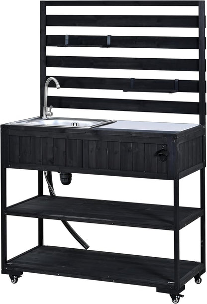 Patio Rolling Kitchen Island with Sink, 41.7 Inch Outdoor BBQ Cart | Solid fir wood frame, stainless steel top and sink, patio BBQ prep, 4 lockable wheels, 2 movable shelves, 41.7 x 16.6 x 65 in