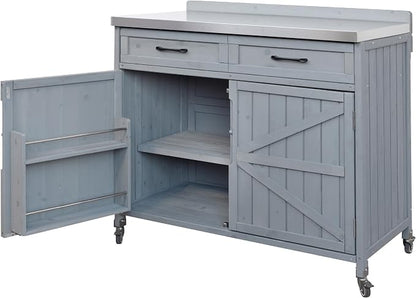 JIVOIT 39.4" Outdoor Kitchen Island with Stainless Table Top, Solid Fir Wood Storage Kitchen Cabinet with Drawer, Adjustable Shelves, Internal Storage Racks & 4 Wheels, Two Doors (Grey Blue/9)