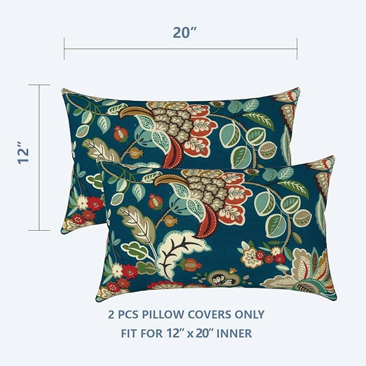 LVTXIII Outdoor Lumbar Pillow Covers Only Set of 2 Patio Decorative Pillow Cases, Water Repellent Lumbar Cushion Cases for Sofa, Patio Couch Garden Use, 12x20 Inch, Peacock Blue