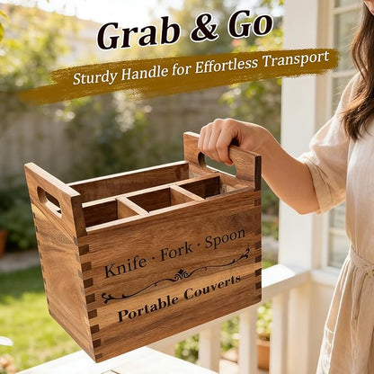 Portable Acacia Wood Kitchen Utensil Holder with Handle, Warm Aesthetic 4-Compartment Flatware Organizer, Utensil Holder Counter for Parties Picnics RV Dining