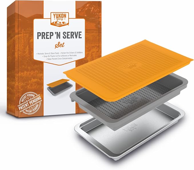 Grill Prep Tray Set, Stainless Serving Platter, Marinade Tub | Marinating container with lid, grilling tray and grill tray for outdoor grill, 18 x 11.4 in, dishwasher safe