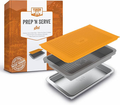 Grill Prep Tray Set, Stainless Serving Platter, Marinade Tub | Marinating container with lid, grilling tray and grill tray for outdoor grill, 18 x 11.4 in, dishwasher safe