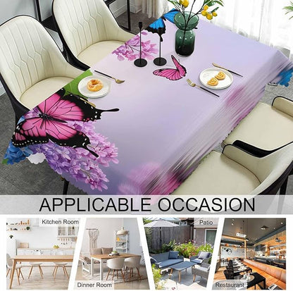 Butterfly Kitchen Tablecloth Nature Flowers Butterflies Indoor Outdoor Table Cover Anti-Oil Table Cloths for Wedding Banquet Dinner Tablecloths, 52x70 Inch(4-6 Seats) Blue Purple