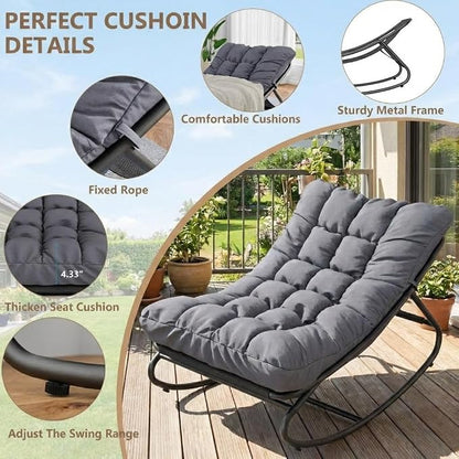 Garvee Outdoor Papasan Rocking Chair, Oversized Metal Frame Egg Rocker with Thick Waterproof Cushion, 450 lbs, Comfy Lounge for Patio, Porch, Garden, Living Room, Dark Gray