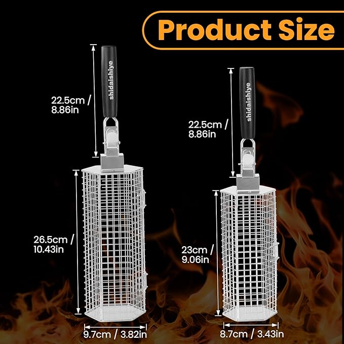 2 Pack Rolling Grill Basket, Hexagonal BBQ Grill Baskets with Removable Wooden Handle, 304 Stainless Steel, Nesting Grilling Net, BBQ Accessories Tools for Vegetables, Meat & Seafood, Gift for Dad or Husband