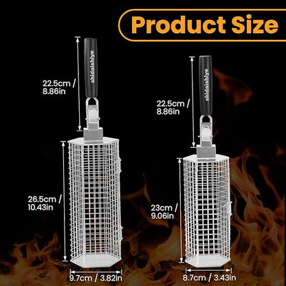 2 Pack Rolling Grill Basket, Hexagonal BBQ Grill Baskets with Removable Wooden Handle, 304 Stainless Steel, Nesting Grilling Net, BBQ Accessories Tools for Vegetables, Meat & Seafood, Gift for Dad or Husband